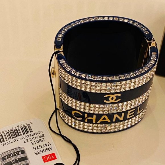 Chanel Navy Blue Crystal Studded Bracelet Cuff - Picture 12 of 12